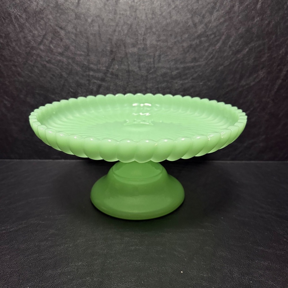 Vintage Jadeite Glass Cake Stand Swirl Pattern Scalloped Rim Pedestal 10 Inch